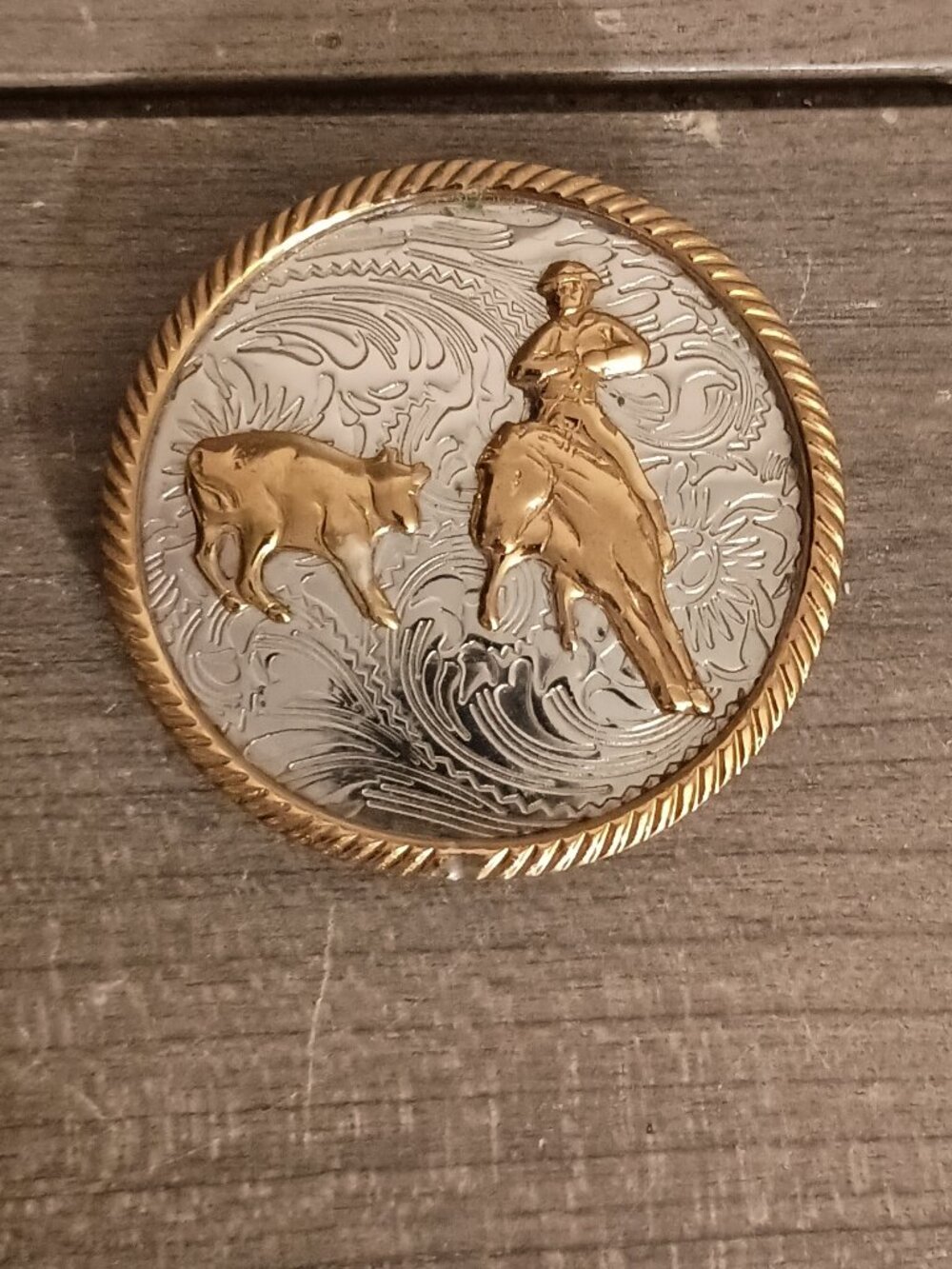 Vintage Western Cowboy Cow Belt Buckle German Silver 2.25" Gold Tone Rim